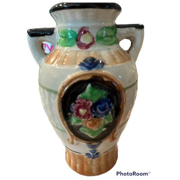 Vintage Japan Kyoto Majolica Vases 4 3/4" High x 2 1/4" Base Radius 10 3/4" Mid - Picture 3 of 6